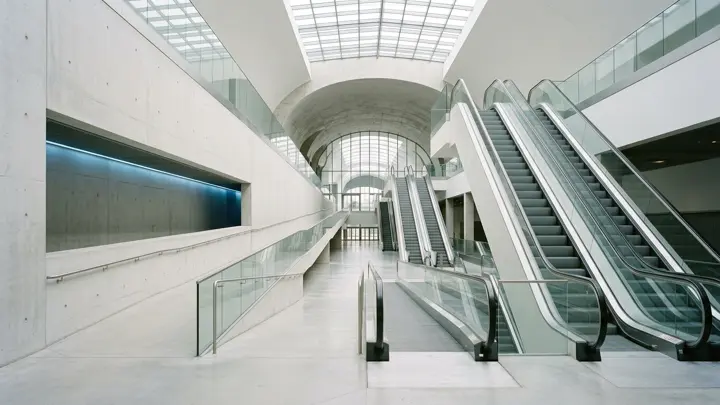 A quiet, modern transit hub with pale concrete walls, a glass skylight, and parallel escalators and walkways all leading in the same direction.